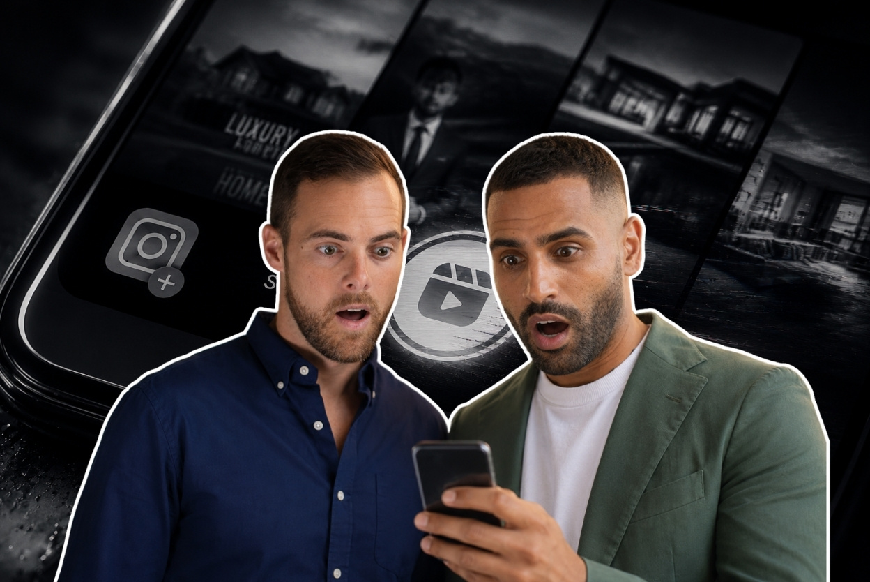 Two men react in surprise while looking at a smartphone together, with social icons visible in the dark background.