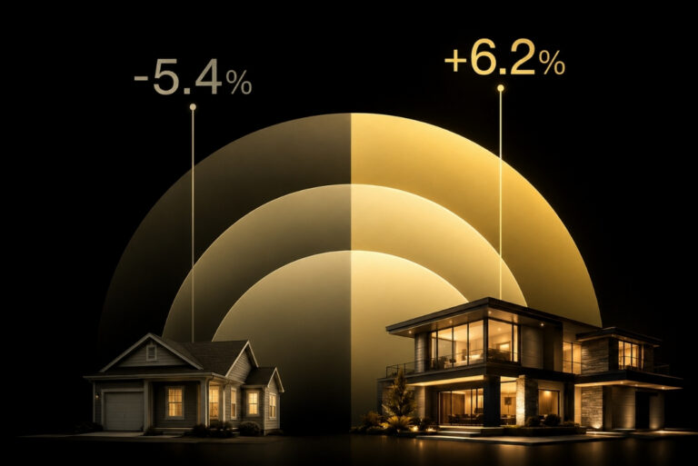 Nighttime scene showing a small house and a modern two‑storey home against large gold arc diagrams, labeled -5.4% and +6.2% to illustrate real estate changes
