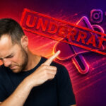 Man with short hair and beard looks down while pointing at a red 'UNDERRATED' stamp across neon social media icons.