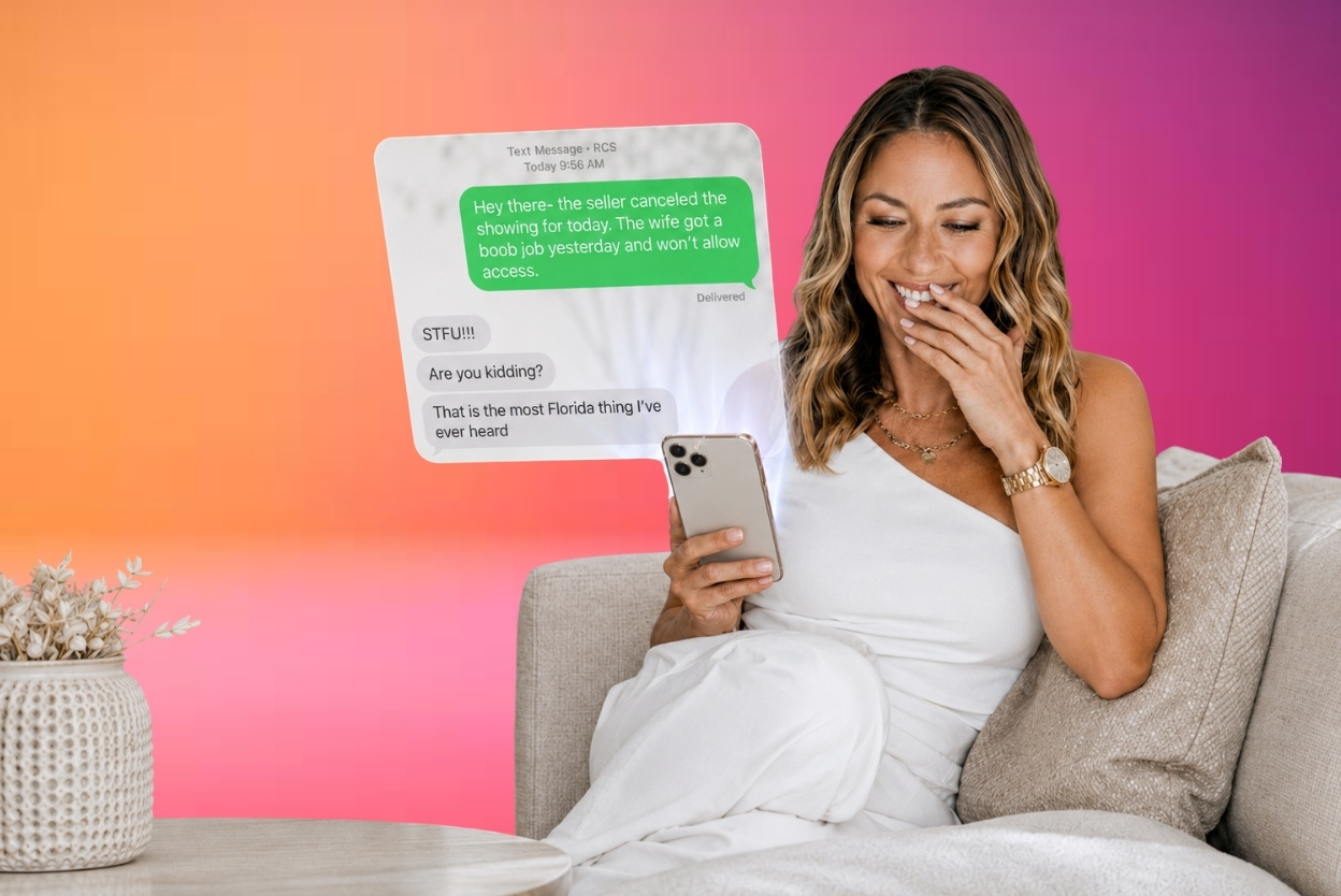 Smiling woman on a beige sofa looks at her phone; a floating chat bubble shows a green message about a seller canceling a showing and joking replies.