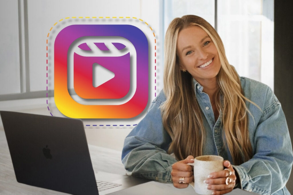 Smiling woman at a desk with a laptop and a large Instagram logo graphic beside her.