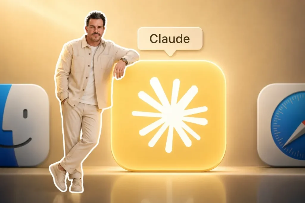Man in a beige outfit leaning on a large glowing yellow app icon with a white starburst, labeled 'Claude' above.