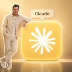 Man in a beige outfit leaning on a large glowing yellow app icon with a white starburst, labeled 'Claude' above.