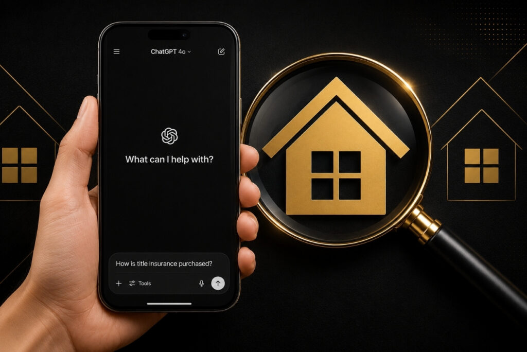 Phone screen shows ChatGPT UI with the prompt 'What can I help with?' beside a magnified gold house icon under a magnifying glass in a dark background.