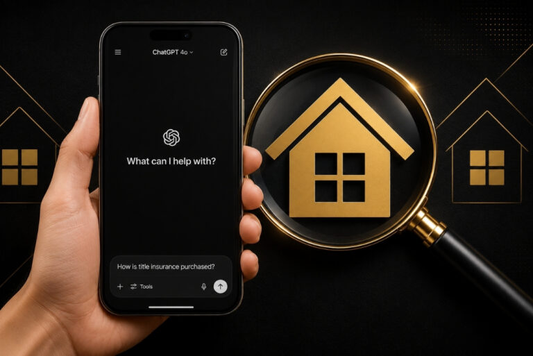 Phone screen shows ChatGPT UI with the prompt 'What can I help with?' beside a magnified gold house icon under a magnifying glass in a dark background.