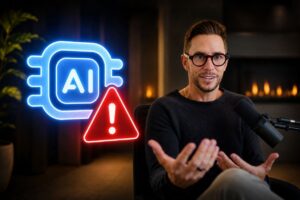 Podcaster in a black sweater speaks into a microphone with a neon AI logo and a red warning sign glowing in the background.