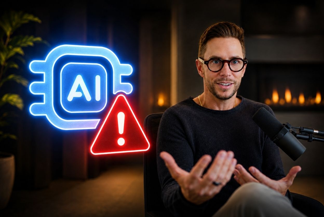 Podcaster in a black sweater speaks into a microphone with a neon AI logo and a red warning sign glowing in the background.