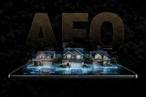 Large bronze AEO lettering behind a row of suburban houses displayed as holographic projections over a tablet screen, emphasizing smart home technology.
