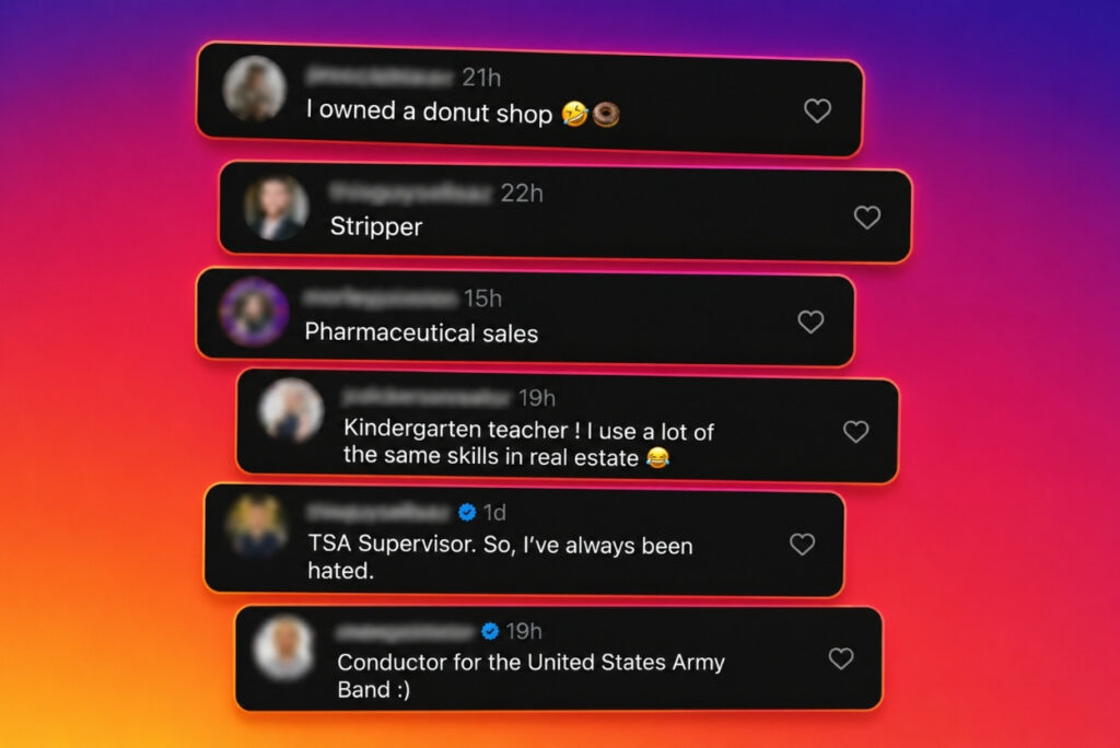 Stacked social media comment cards on a pink‑orange gradient background, each showing a user avatar and short text like 'I owned a donut shop' and others.
