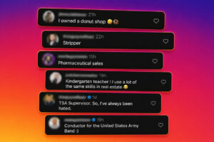 Stacked social media comment cards on a pink‑orange gradient background, each showing a user avatar and short text like 'I owned a donut shop' and others.