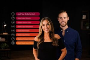 Two smiling adults stand in front of a dark wall with an eight-step color bar list; item 1 reads 'Audit Your Outlier Content'.