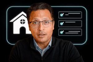 Professional man speaks in front of neon outline of a house and a three-item checklist, illustrating a home-related briefing.