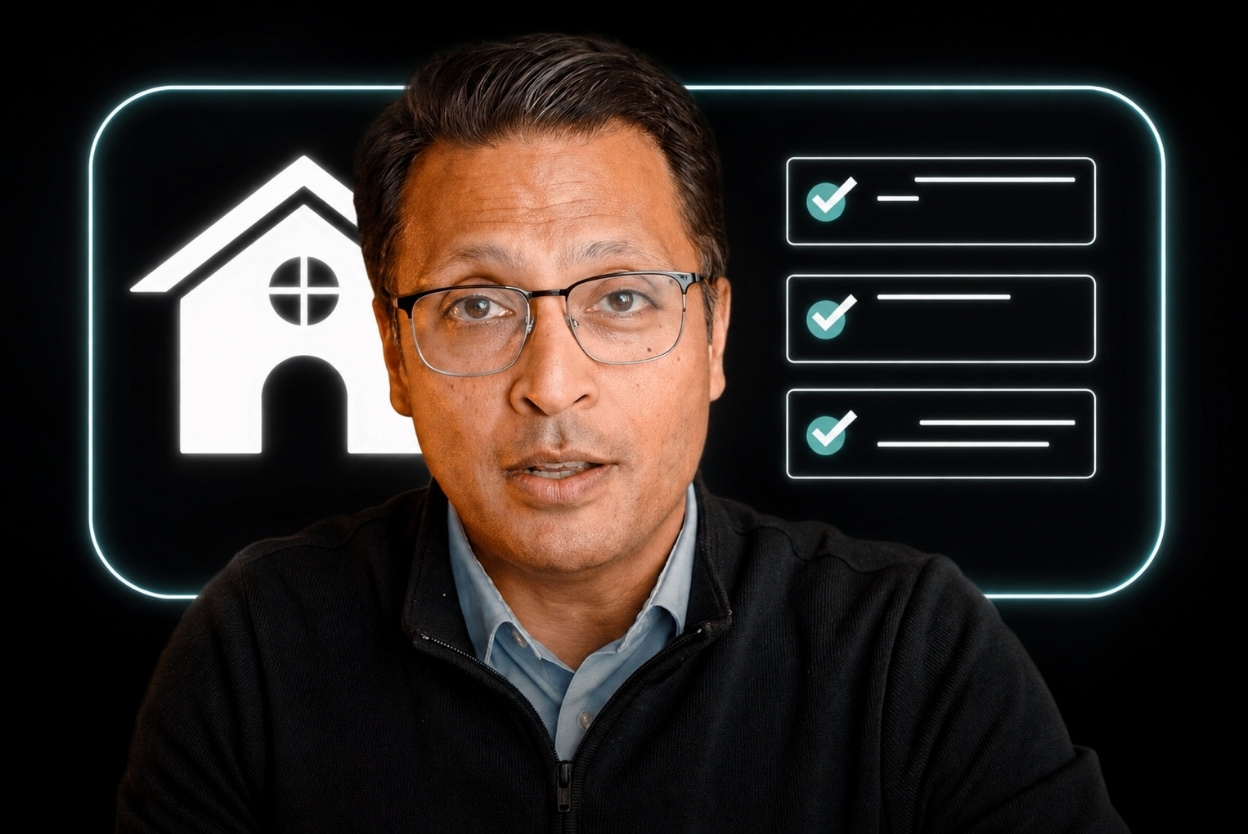 A Better Way to Walk Clients Through the Homebuying Process - BAM - BAM Professional man speaks in front of neon outline of a house and a three-item checklist, illustrating a home-related briefing.