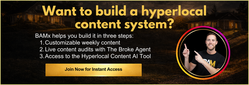 Dark outdoor banner promoting BAMx with the headline 'Want to build a hyperlocal content system?' followed by three steps and a gold 'Join Now for Instant Access' button; on the right is a circular photo of a smiling man pointing, bordered by a multicolored ring.