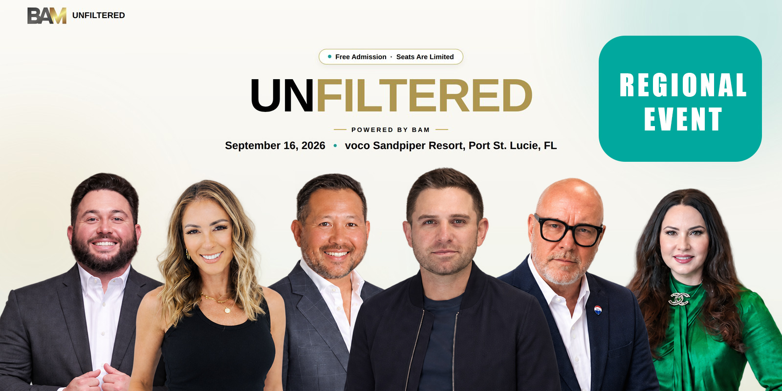 Promo banner for BAM Unfiltered Regional Event featuring six speakers with date and venue: Sept 16, 2026 at Voco Sandpiper Resort, Port St. Lucie, FL