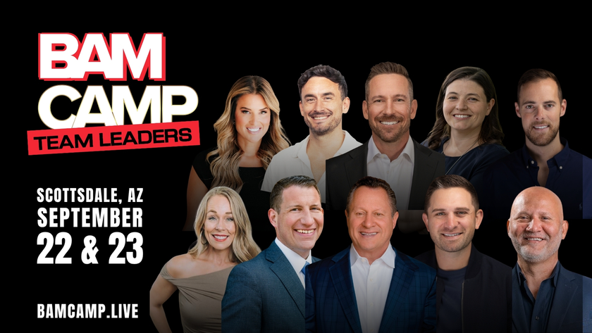 Promo banner for BAM CAMP Team Leaders in Scottsdale, AZ, September 22–23, with a collage of ten speakers on a black background and the text BAMCAMP.LIVE.