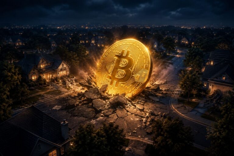 Giant glowing Bitcoin coin crashes through a cracked suburban street at night, lighting nearby houses.