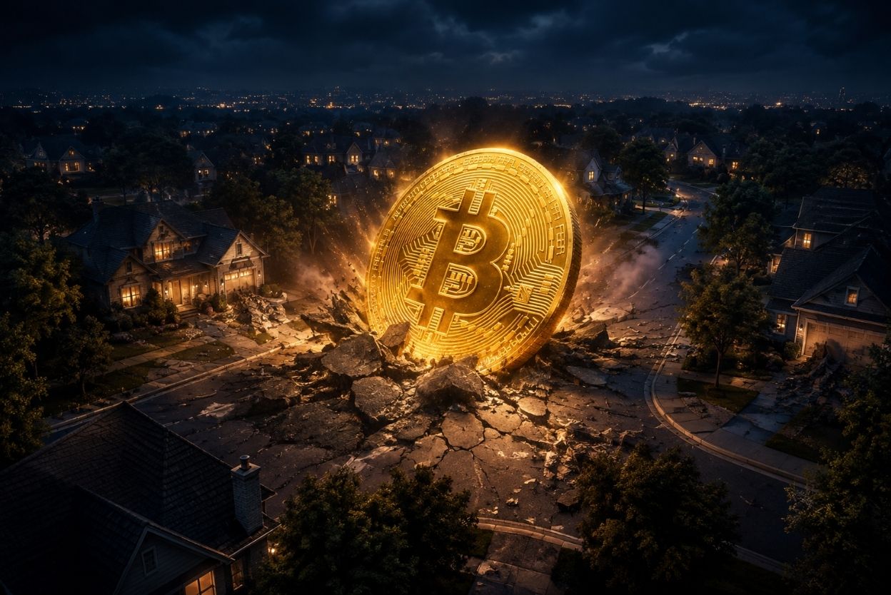 Giant glowing Bitcoin coin crashes through a cracked suburban street at night, lighting nearby houses.