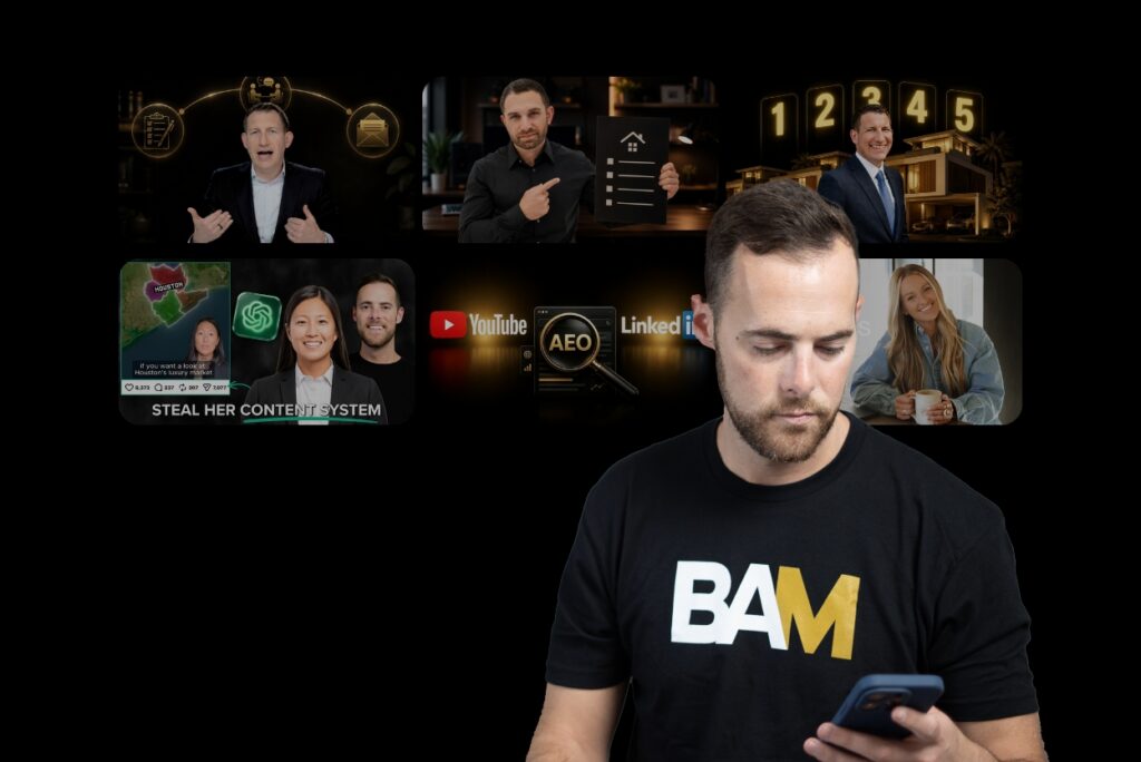 Man in a BAM shirt looks at a smartphone while a collage of marketing thumbnails floats behind him.
