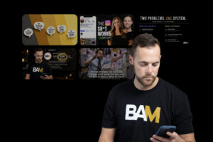 Man in a black BAM shirt looks at his phone, with a collage of marketing thumbnails on a black background.