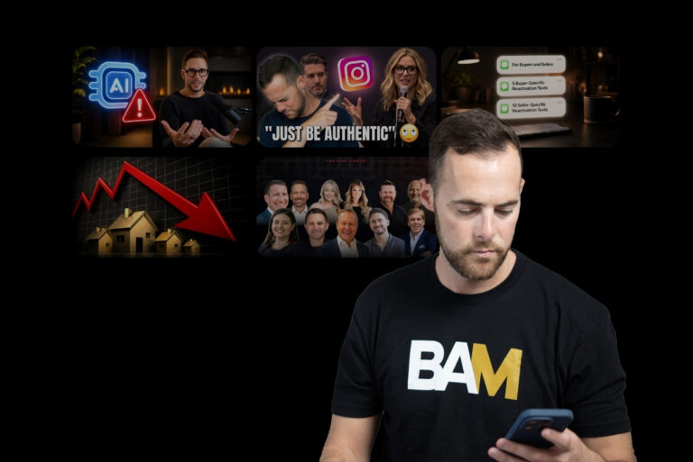 Bored at Your Open House 083026 - BAM - BAM Man in a BAM shirt looks at his phone, with a collage of six marketing-themed thumbnails in the dark background behind him (AI alert, 'Just Be Authentic', sales texts, real estate downtrend, team photo).