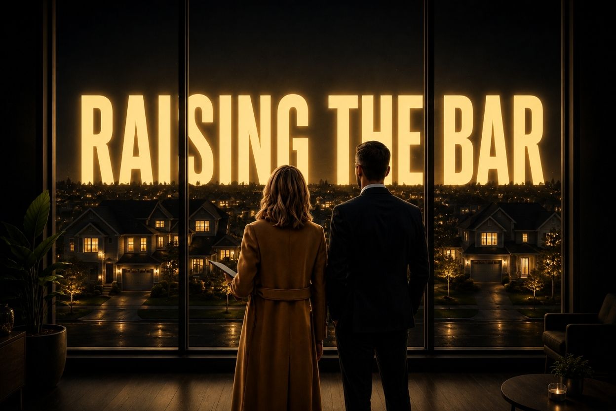 Two people in formal attire stand with their backs to the camera, looking out at a cityscape through a window with a large glowing 'RAISING THE BAR' sign.