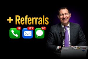 How to Get More Referrals (Without Spending More on Marketing) - BAM Smiling man in a suit sits at a microphone with a bold '+ Referrals' banner and social icons on the left, suggesting a referral-focused talk show.