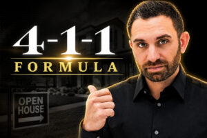 Promotional thumbnail with a man in a black shirt and the text '4-1-1 FORMULA' and an open house sign in the yard.