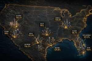 Stylized map of the southern U.S. with city clusters and callouts showing percentages (e.g., Dallas 99%, Miami 154%).
