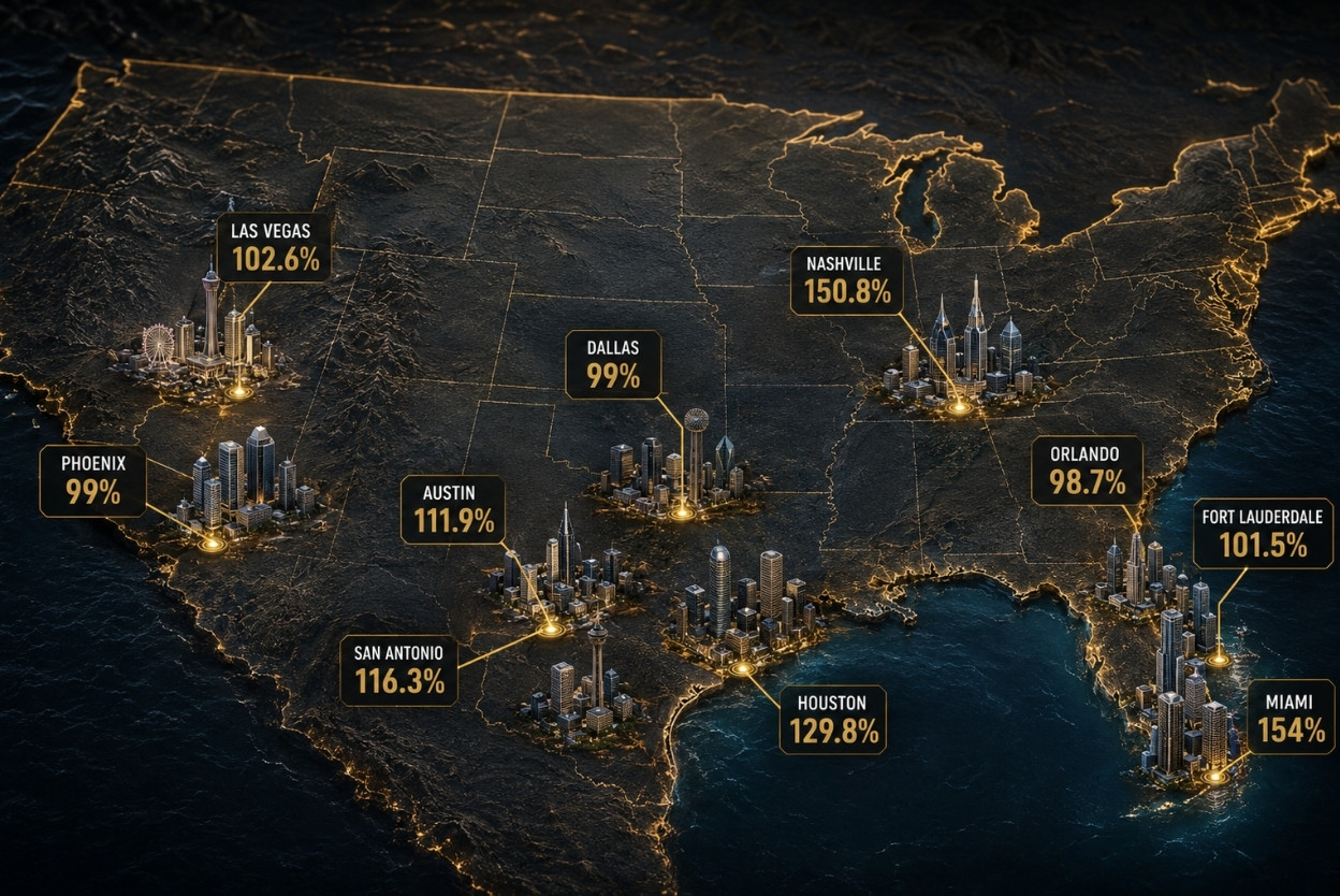 Stylized map of the southern U.S. with city clusters and callouts showing percentages (e.g., Dallas 99%, Miami 154%).