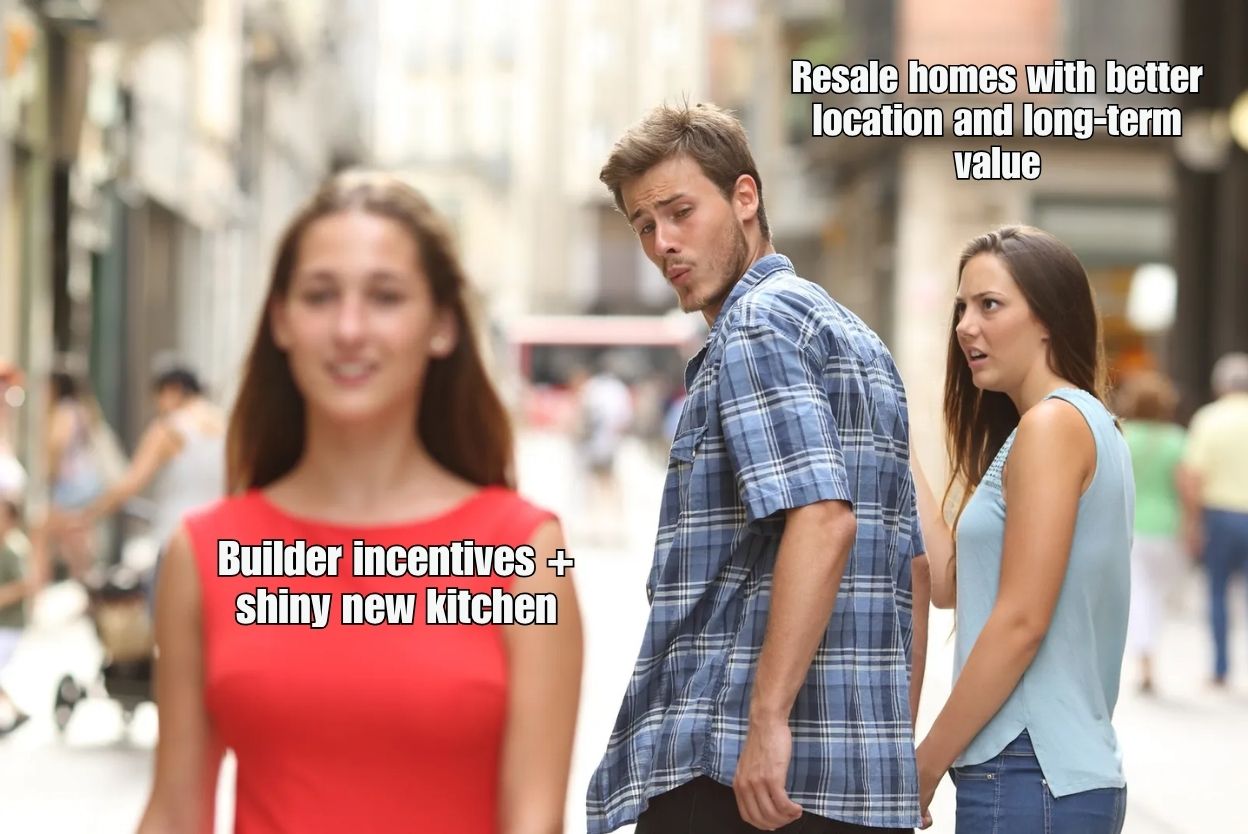 Meme about real estate: a man looks toward a couple while a woman in red walks by; captions contrast resale homes' value with builder incentives and new kitchens.