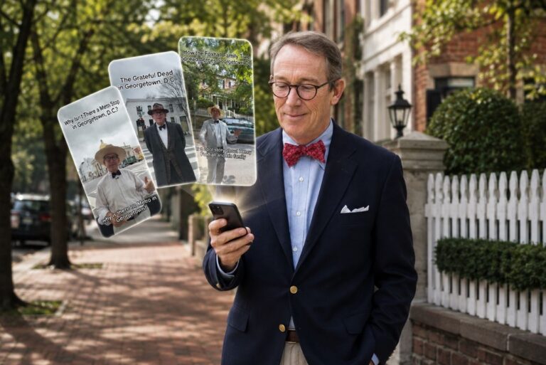 Man in a navy blazer and red bow tie looks at his smartphone while three floating cards show vintage photos of a man in a hat on a Georgetown street.