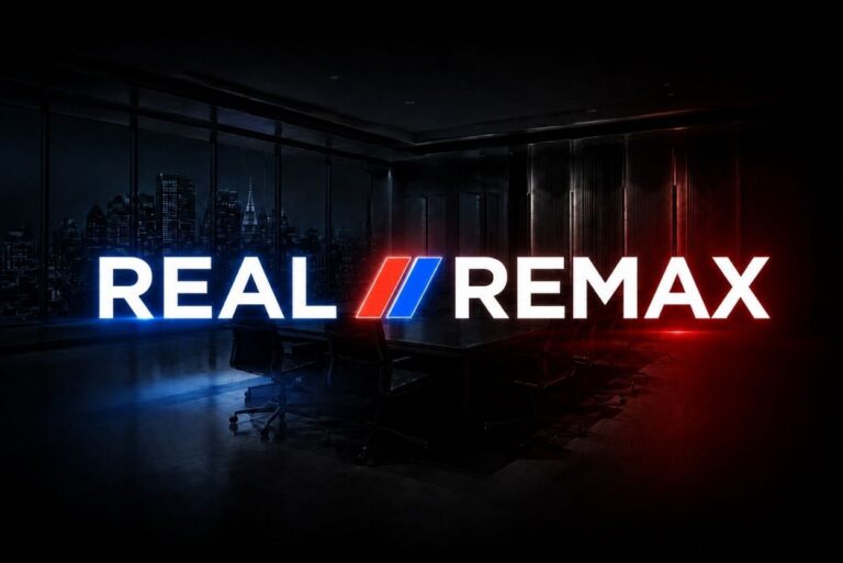Neon sign reading REAL // REMAX in blue/red/white inside a dark modern conference room with city skyline outside the windows