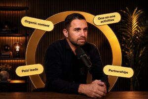 Podcaster in a dark shirt speaks into a mic, framed by a gold circular backdrop listing topics like Organic content and Partnerships.