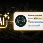 Neon AI icon beside a glowing social media profile card for Houston Unlocked, showing 46.6K followers and a circular logo on the card.