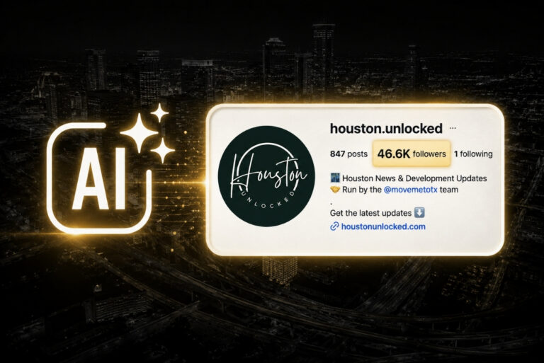 The AI System Behind a 46.5K-Follower Hyperlocal Account - BAM - BAM Neon AI icon beside a glowing social media profile card for Houston Unlocked, showing 46.6K followers and a circular logo on the card.