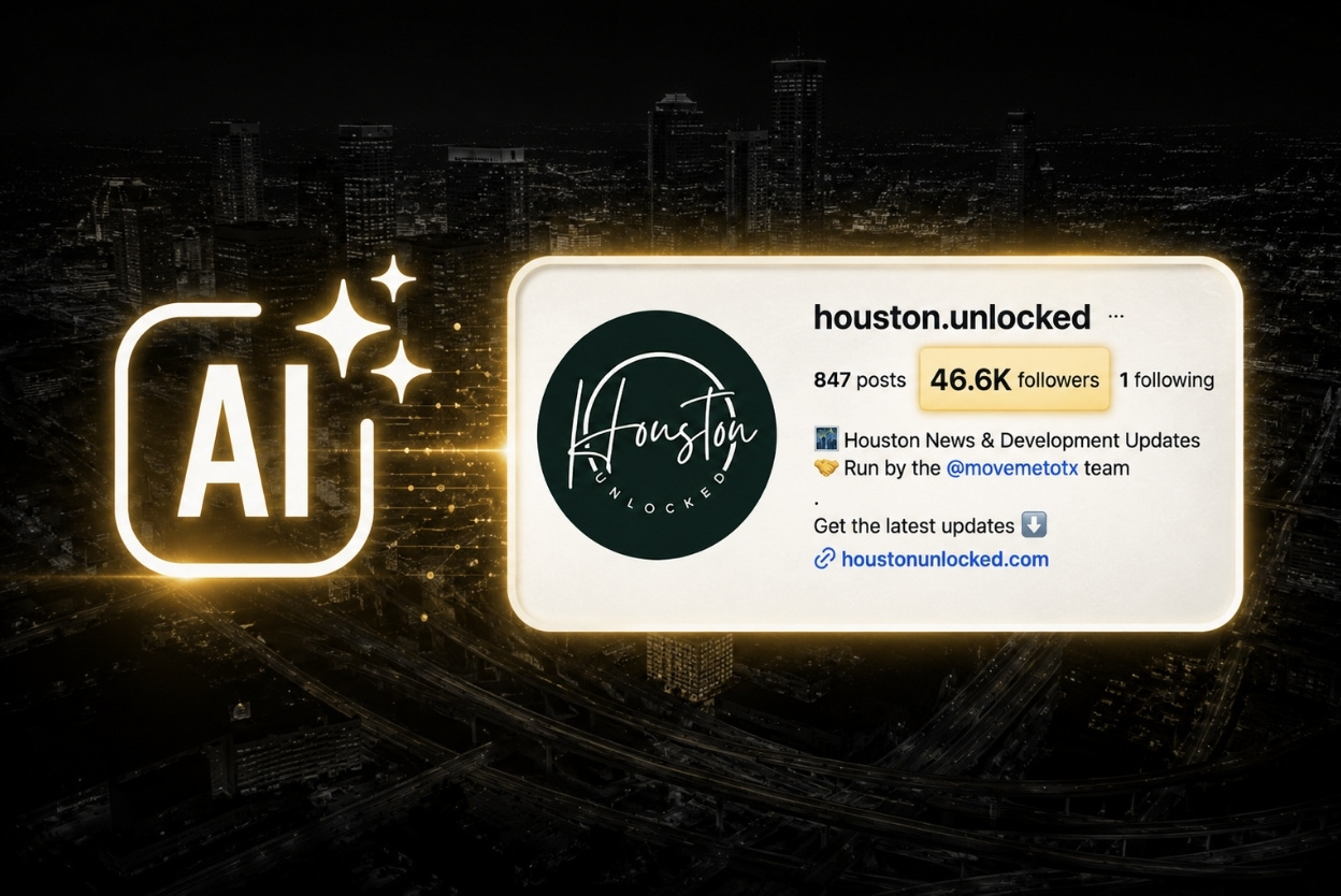 The AI System Behind a 46.5K-Follower Hyperlocal Account - BAM - BAM Neon AI icon beside a glowing social media profile card for Houston Unlocked, showing 46.6K followers and a circular logo on the card.