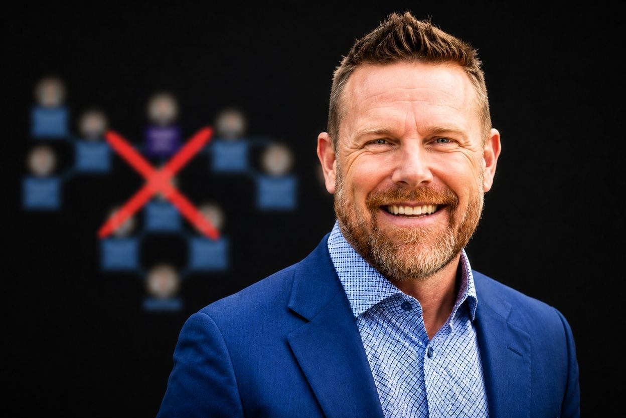 Smiling man in a blue blazer with a blurred org chart and a red X in the background, suggesting disruption of hierarchy.