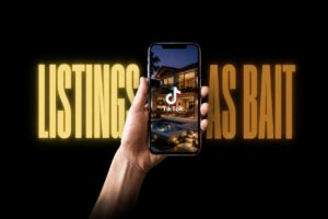 Hand holding a smartphone displaying a modern house on TikTok against a black background with gold 'LISTINGS' text behind it