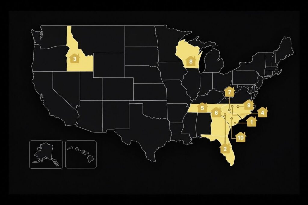 U.S. map with ten states highlighted in yellow and numbered 1–10.