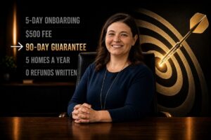 Smiling woman sits at a wooden desk; bold policy text on the dark wall highlights a 90-day guarantee among other terms.