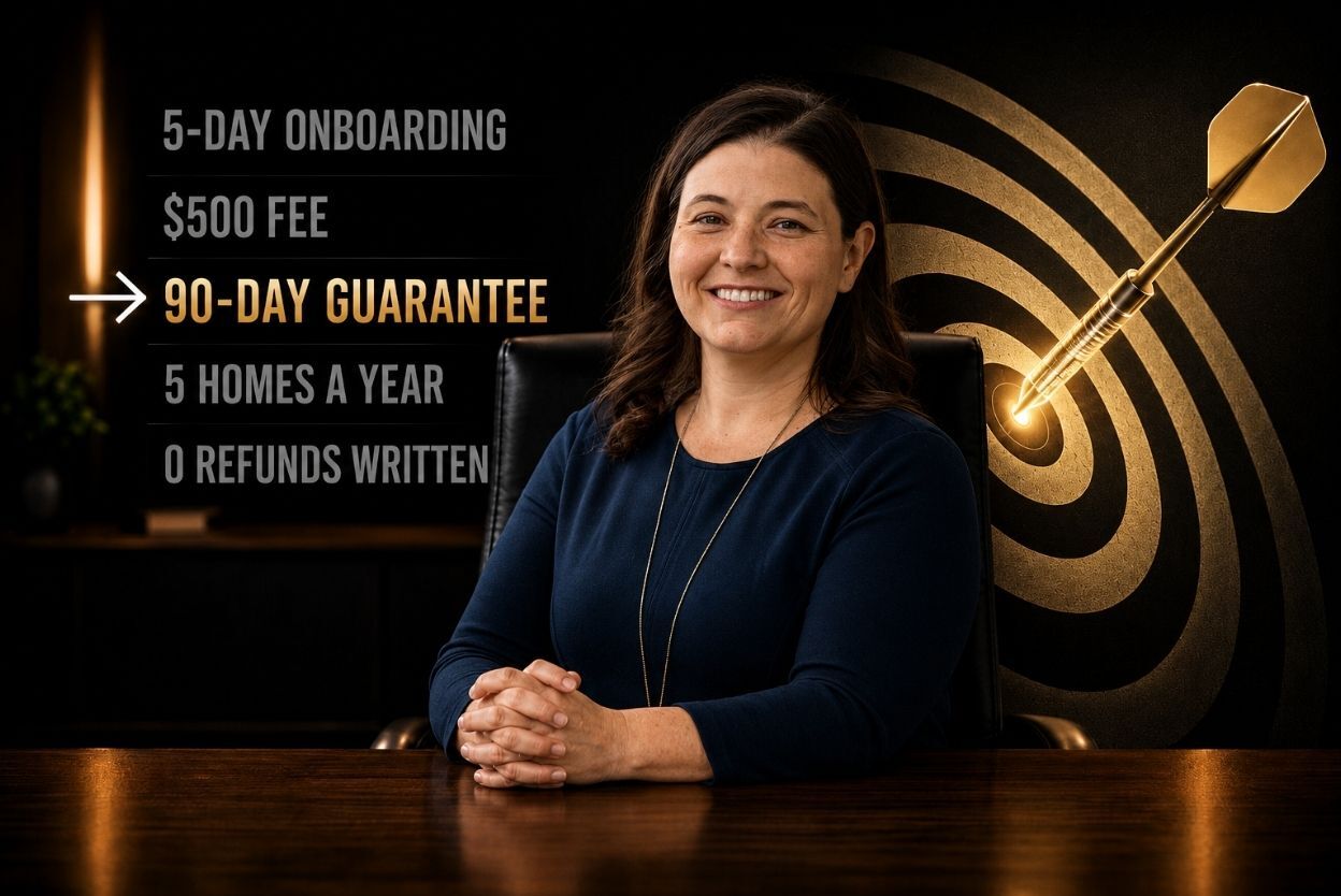 Smiling woman sits at a wooden desk; bold policy text on the dark wall highlights a 90-day guarantee among other terms.