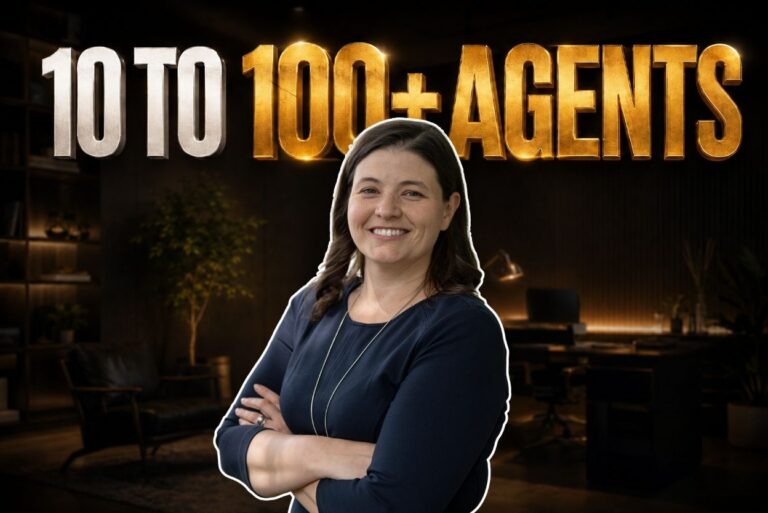 Smiling woman in a navy dress stands with arms crossed in a dim office set, behind her a large gold ‘10 to 100+ AGENTS’ graphic.
