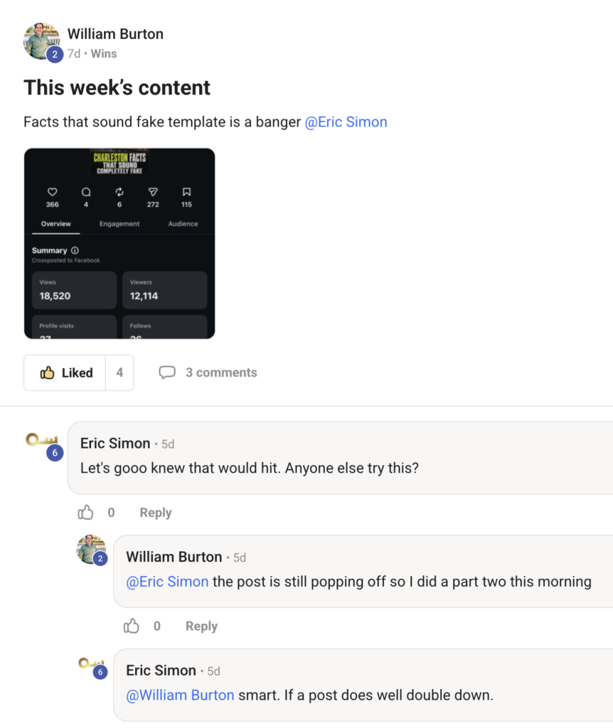 Preview post by William Burton: title 'This week's content' with a stats image showing views and engagement, plus a comment/like bar below.
