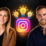 Home 39 Two smiling professionals flank a glowing Instagram logo with neon bulbs overhead, symbolizing social media ideas and collaboration on digital marketing.