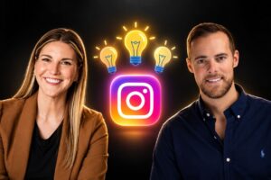 3 Storytelling Content Ideas that Win More Listings - BAM Two smiling professionals flank a glowing Instagram logo with neon bulbs overhead, symbolizing social media ideas and collaboration on digital marketing.