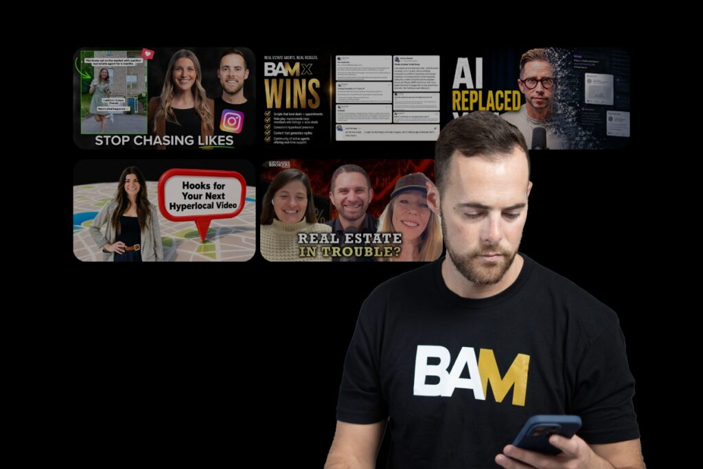 Man wearing a BAM shirt looks at his phone, with a collage of video thumbnails in the background on a black backdrop.