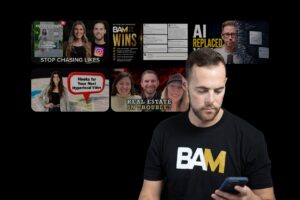 Man wearing a BAM shirt looks at his phone, with a collage of video thumbnails in the background on a black backdrop.