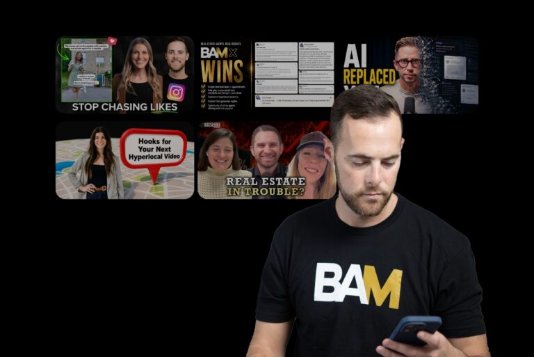 Man wearing a BAM shirt looks at his phone, with a collage of video thumbnails in the background on a black backdrop.