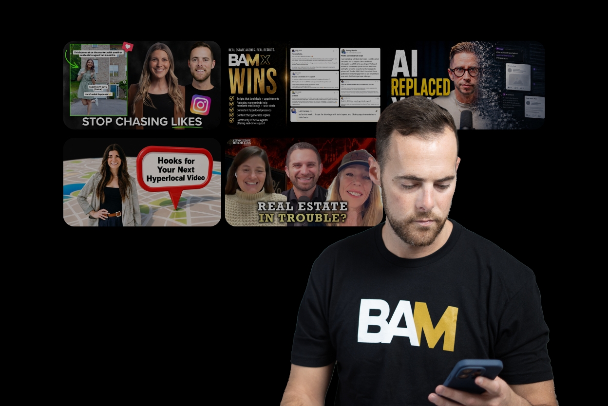Man wearing a BAM shirt looks at his phone, with a collage of video thumbnails in the background on a black backdrop.